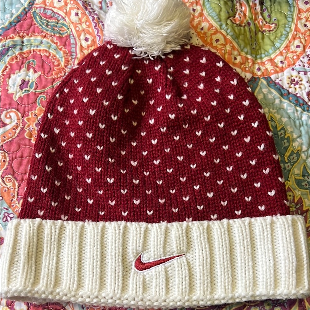 Nike Red and White Winter Hat with Pom-Pom